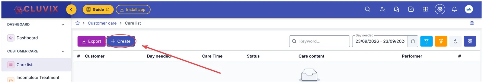 The Care List screen, with a red circle and arrow on the Create button