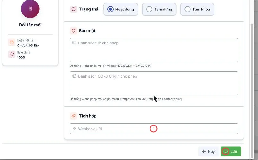 Mục Tích hợp trong biểu mẫu đối tác với 2 khu vực được đánh số