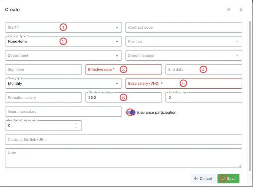 The Labor contract form with eight areas numbered