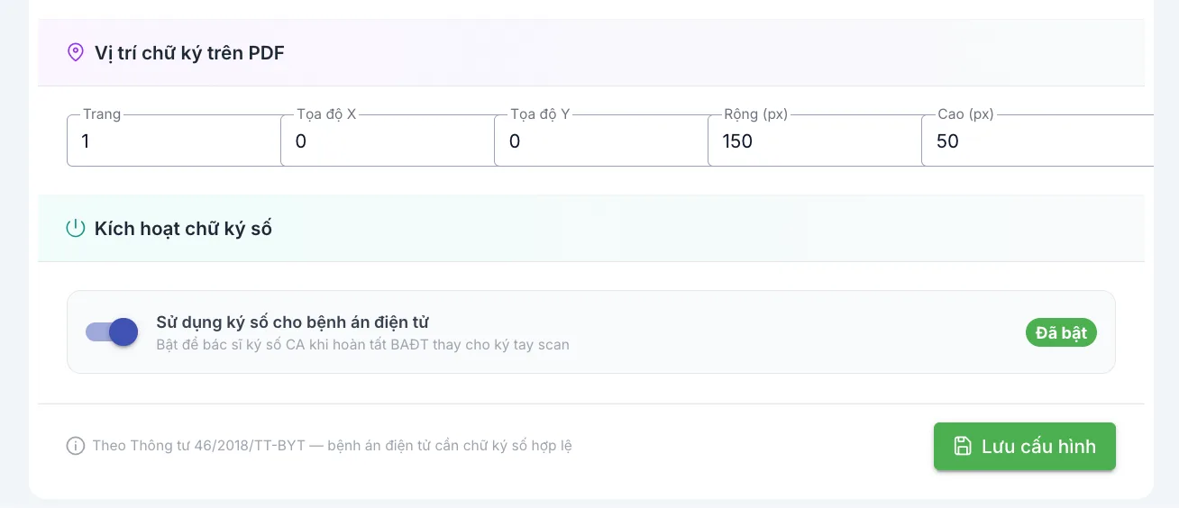 Vị trí chữ ký trên PDF và công tắc Kích hoạt chữ ký số