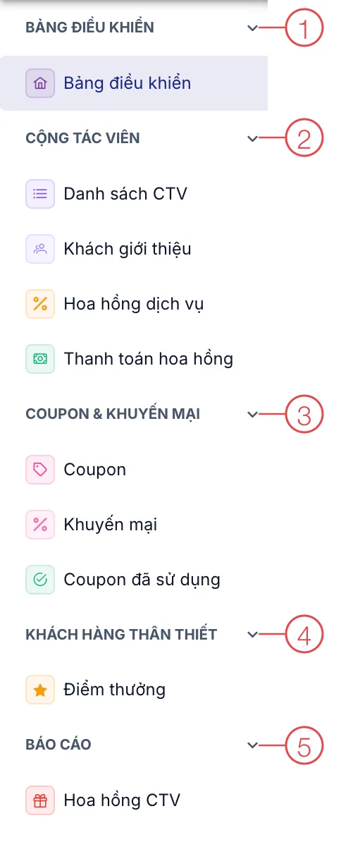 Menu bên trái của module Khách hàng thân thiết, các nhóm được đánh số