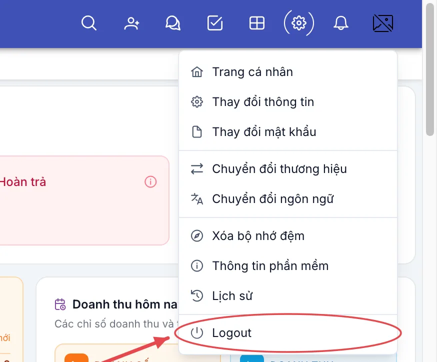 Menu tài khoản, khoanh mục Logout