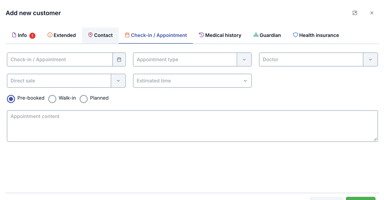 The Add new customer dialog, Check-in / Appointment tab
