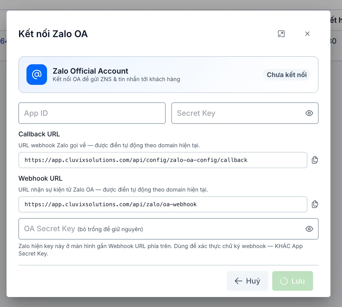 Hộp thoại Kết nối Zalo OA với các ô App ID, Secret Key, Callback URL, Webhook URL, OA Secret Key