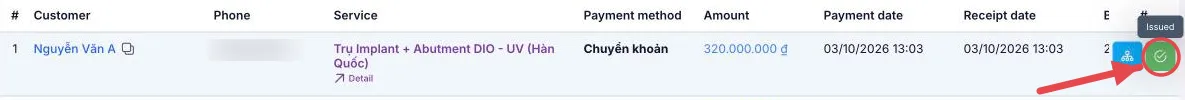 The invoice button at the end of a payment voucher row, circled in red