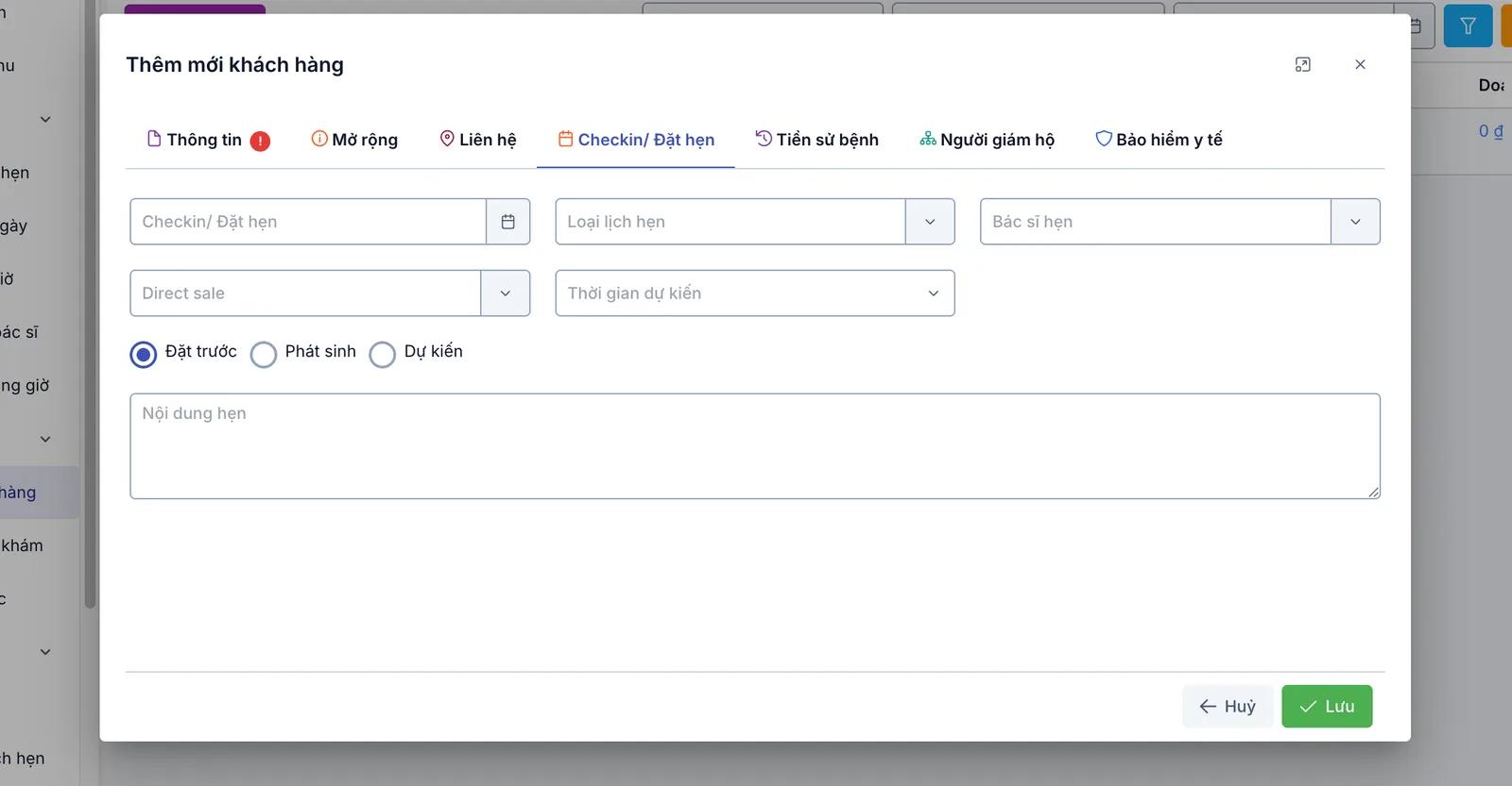 Các ô đặt hẹn nhanh trong thẻ Checkin/ Đặt hẹn