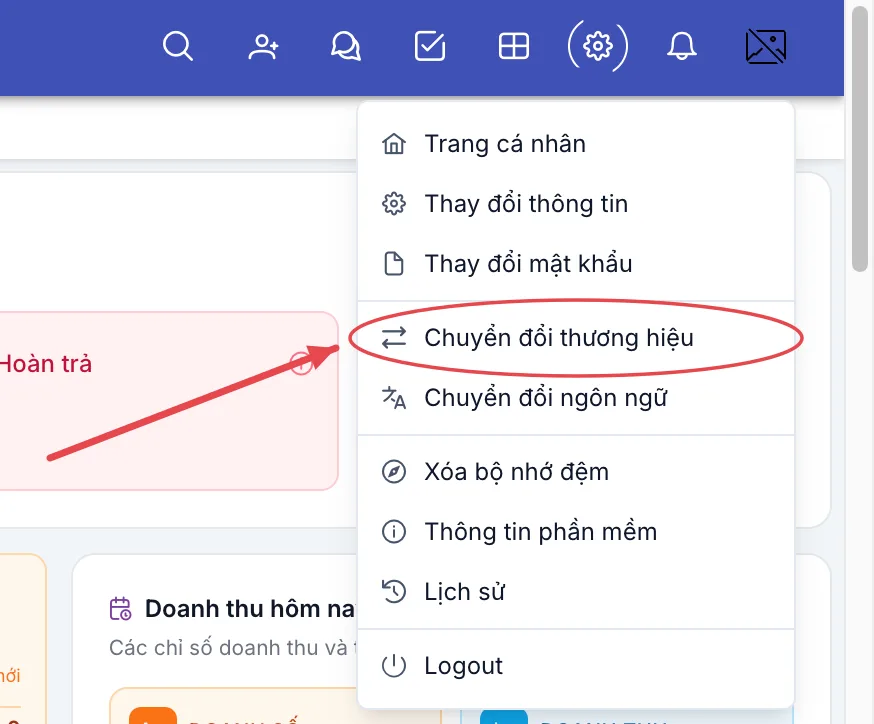 Menu tài khoản, khoanh mục Chuyển đổi thương hiệu