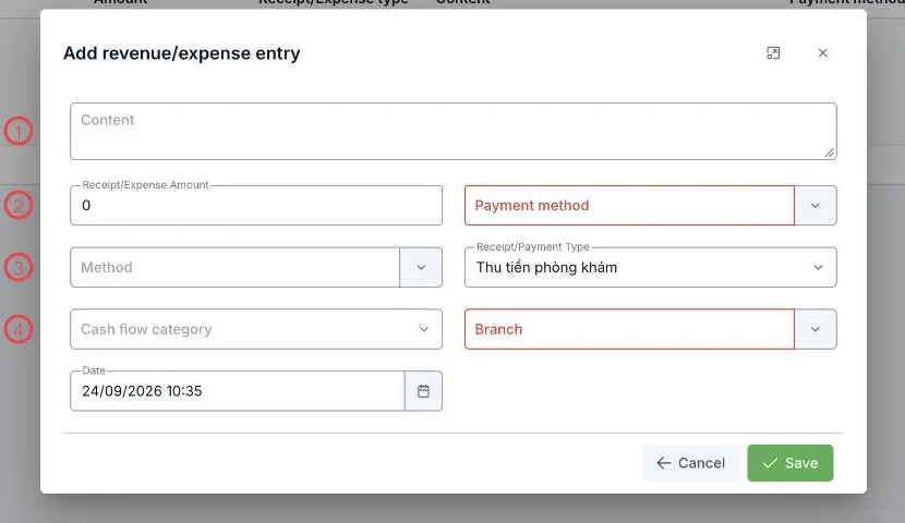 The add revenue/expense form with four areas numbered