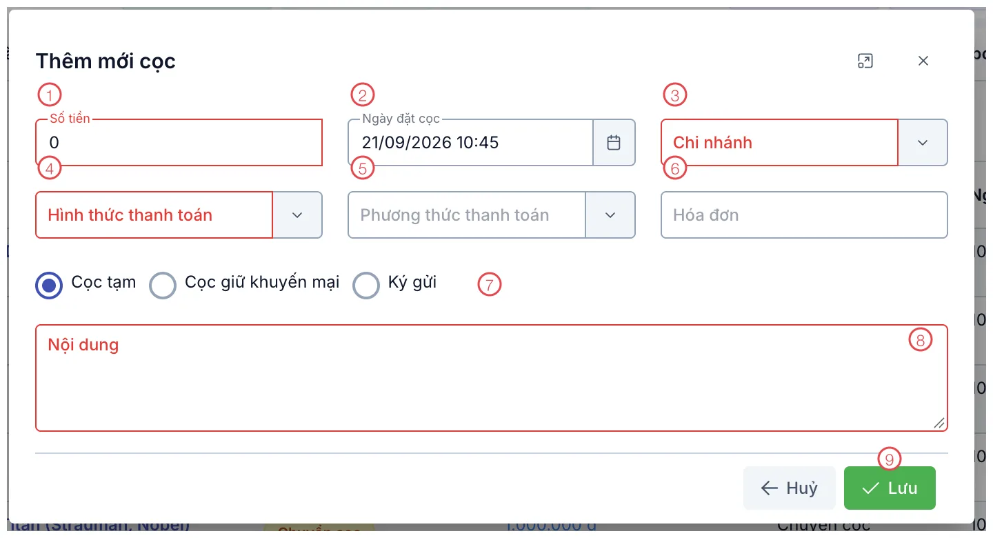 Hộp thoại Thêm mới cọc với 9 vùng được đánh số