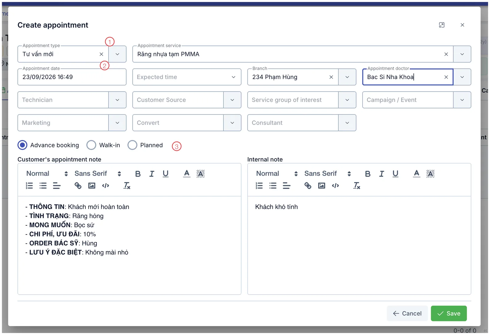The Create appointment form with three areas numbered
