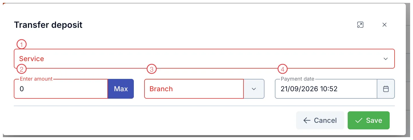 The Transfer deposit window with four fields numbered