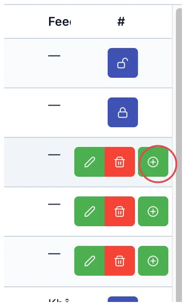 The row buttons, with a red circle on the green plus button