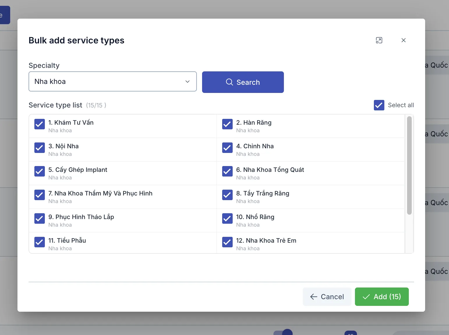 Bulk add service types dialog, suggested list for the Dental specialty
