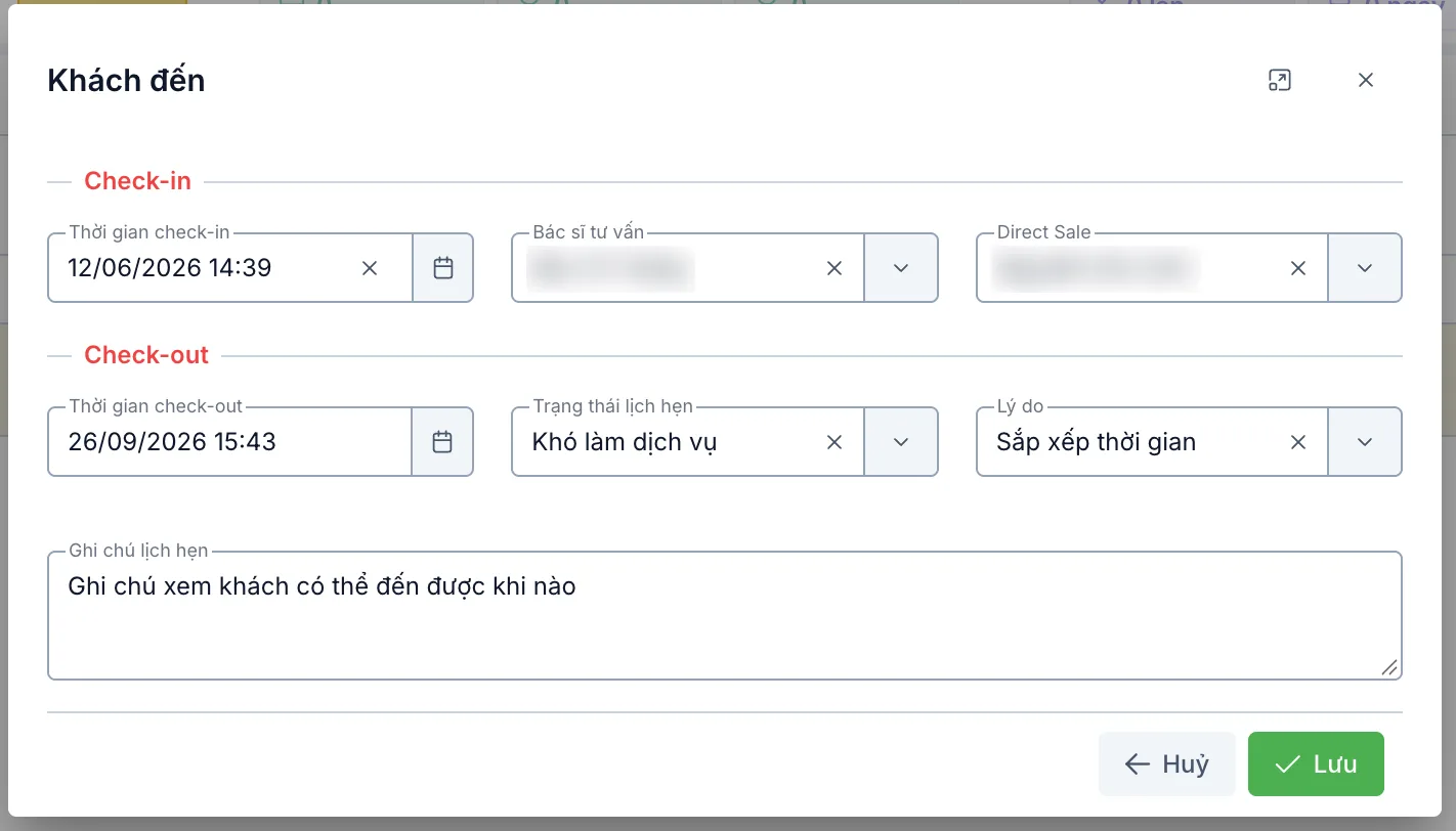 Hộp thoại Khách đến với hai khu vực Check-in và Check-out