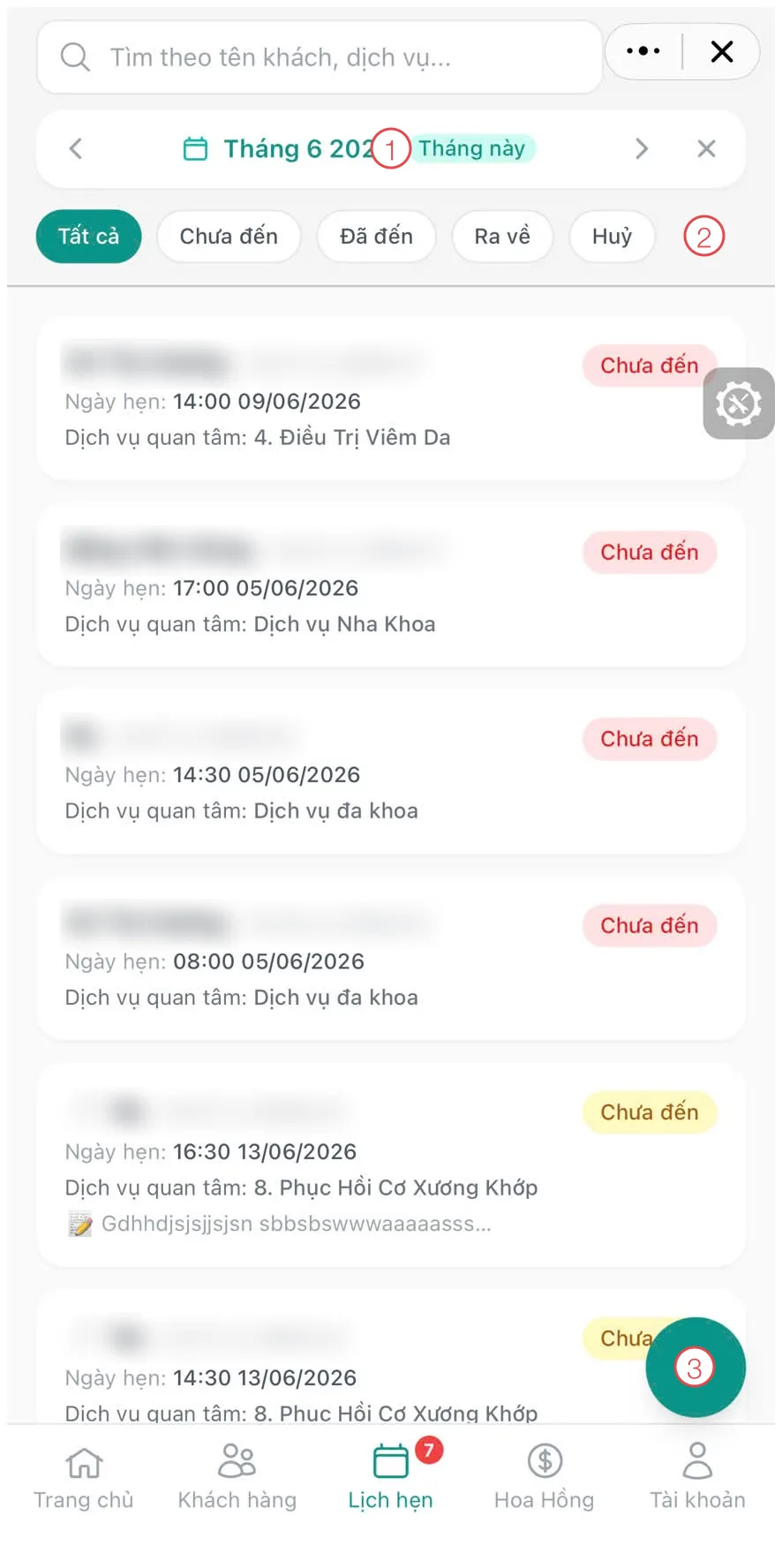 Danh sách lịch hẹn trong Mini App với 3 khu vực được đánh số