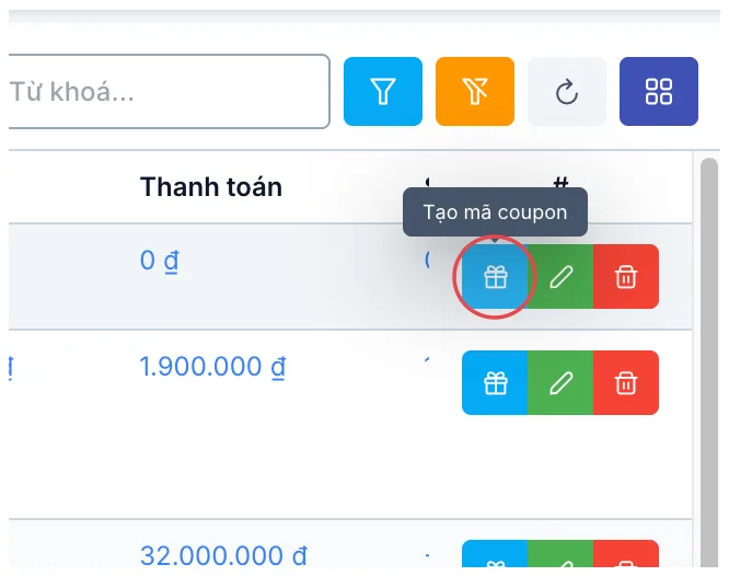Cụm nút cuối dòng, khoanh đỏ nút quà tặng