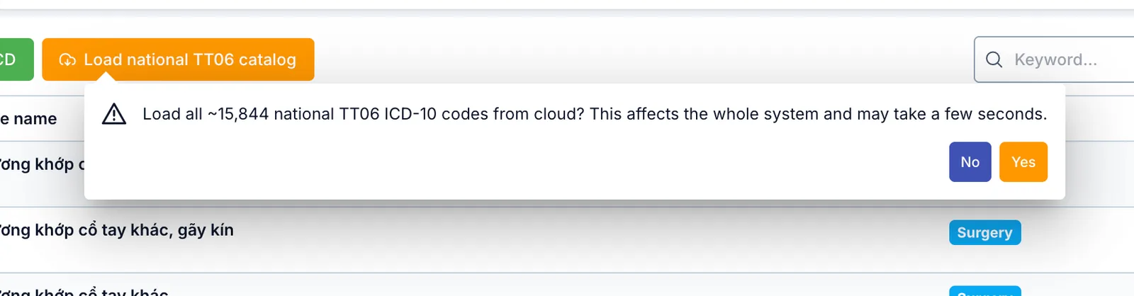 Confirm dialog for loading the national TT06 catalog
