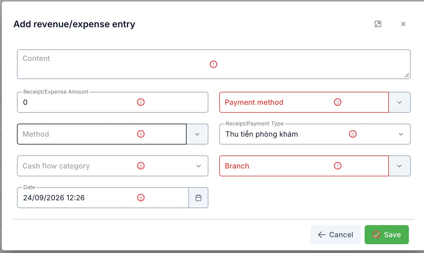 The Add revenue/expense entry form with nine areas numbered