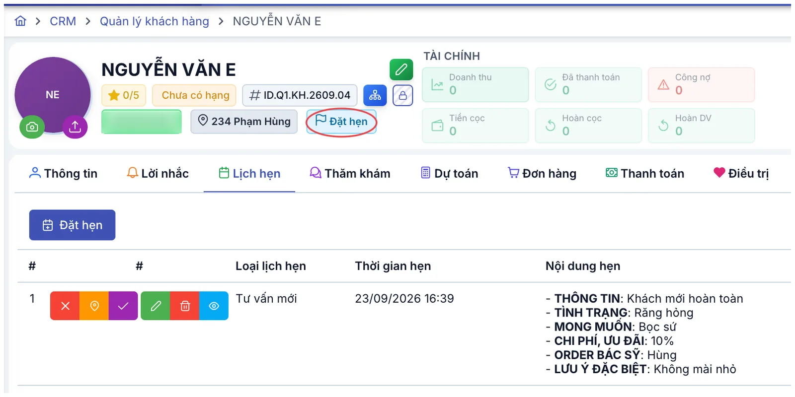 Hồ sơ khách với tiến trình Đặt hẹn được khoanh đỏ