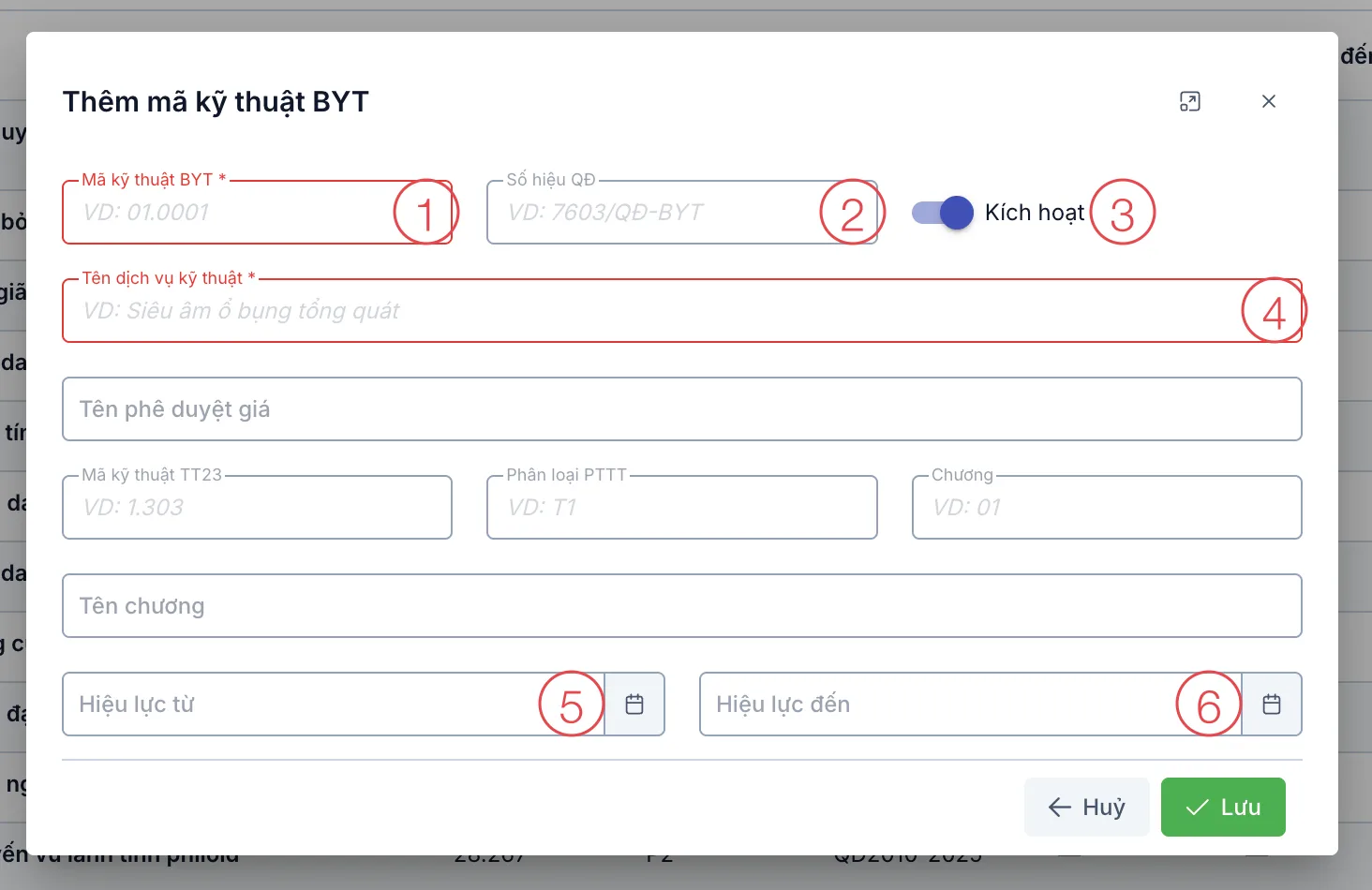 Hộp thoại Thêm mã kỹ thuật BYT