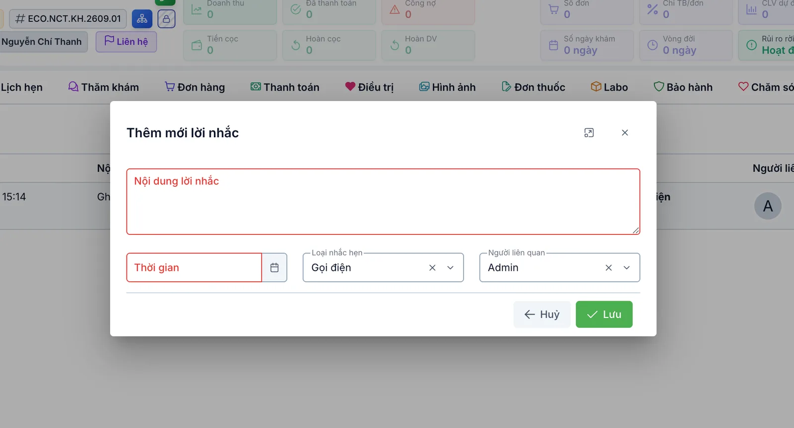 Ô Thêm mới lời nhắc với bốn ô cần điền