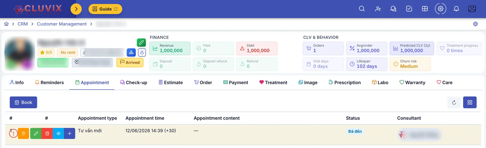 The Appointment tab in a customer file, with the check-in button numbered 1