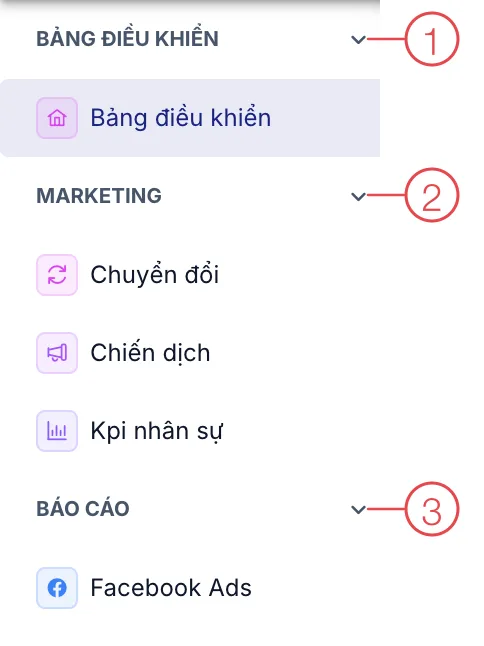 Menu bên trái của module Marketing, các nhóm được đánh số