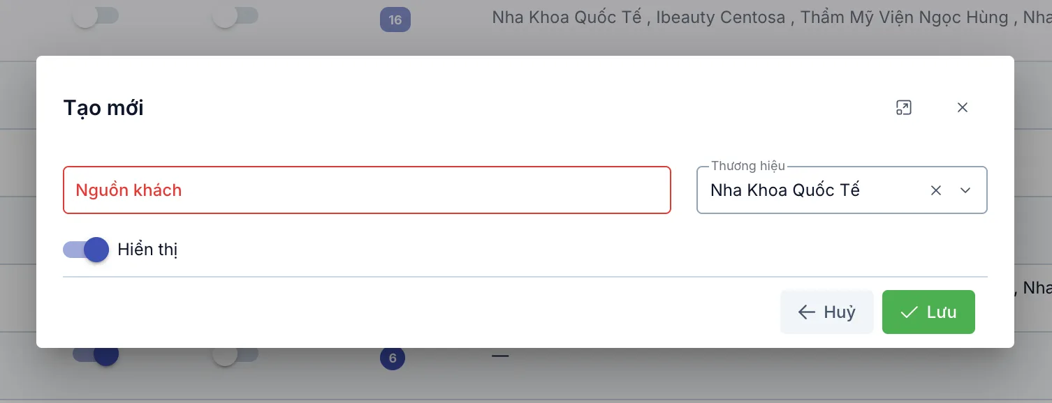 Hộp thoại Tạo mới Nguồn khách hàng