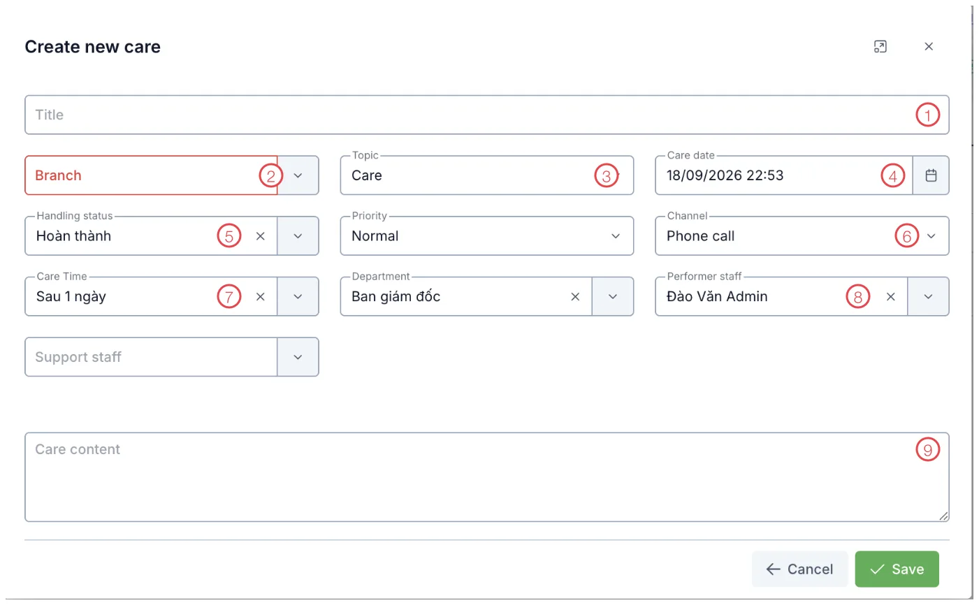 The Create new care window with 9 fields numbered
