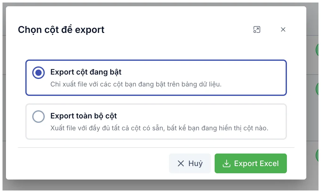 Ô Chọn cột để export