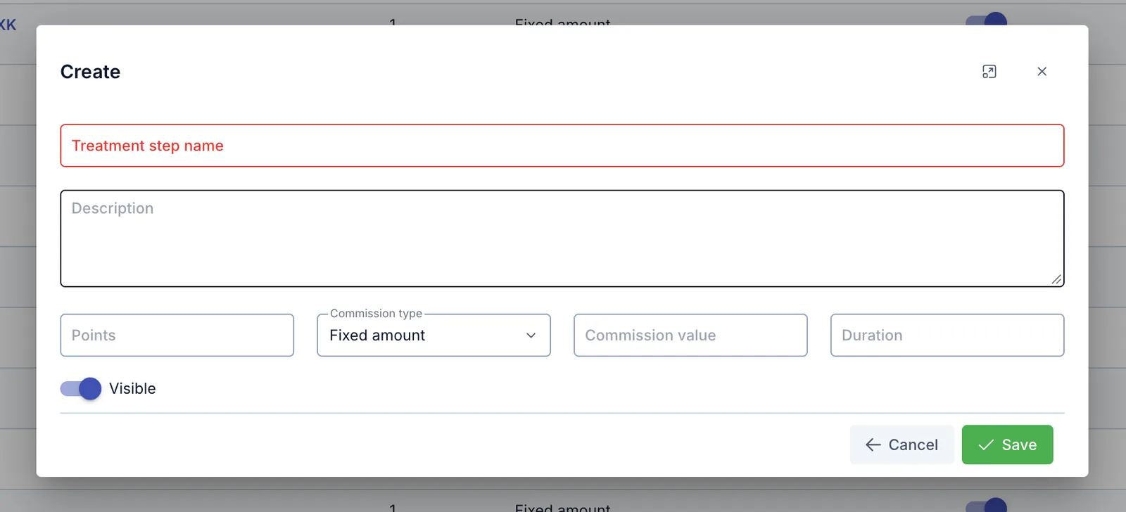 Create treatment step dialog