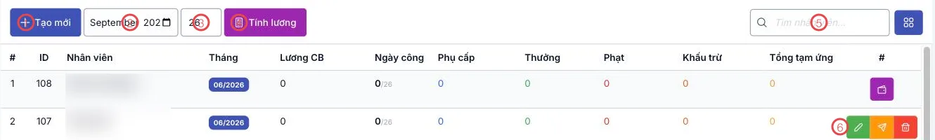 Màn hình Bảng lương với 6 khu vực được đánh số