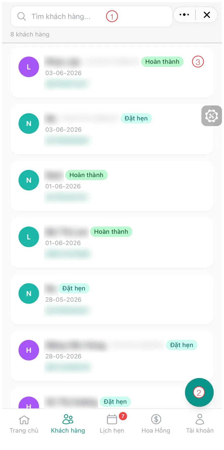 Danh sách khách hàng (người bệnh) trong Mini App với 3 khu vực được đánh số