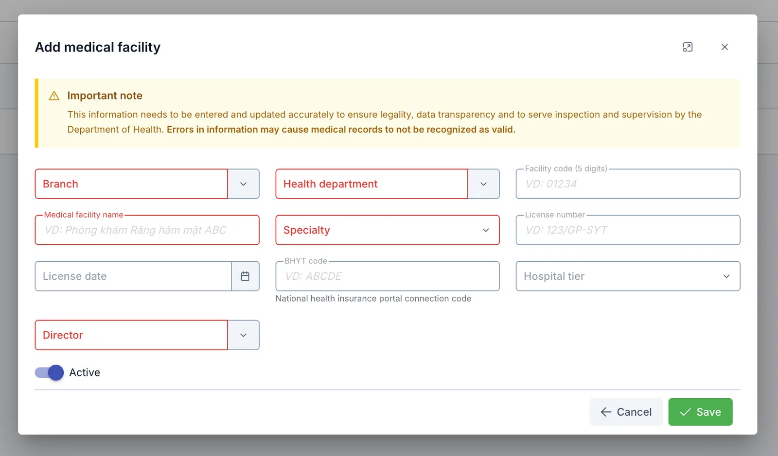 Add medical facility dialog