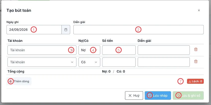 Biểu mẫu Tạo bút toán với 9 khu vực được đánh số