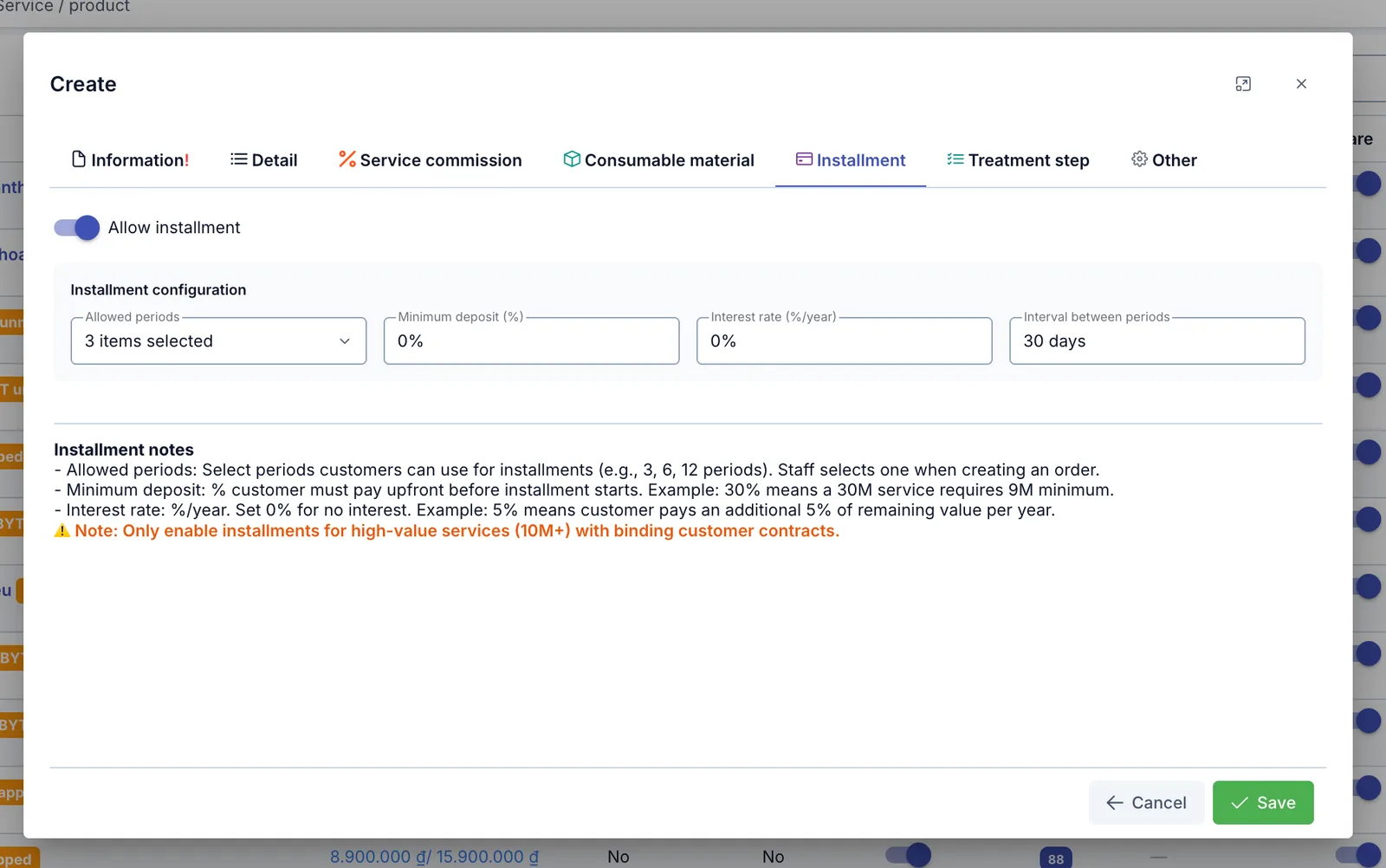 Create service dialog, Installment tab