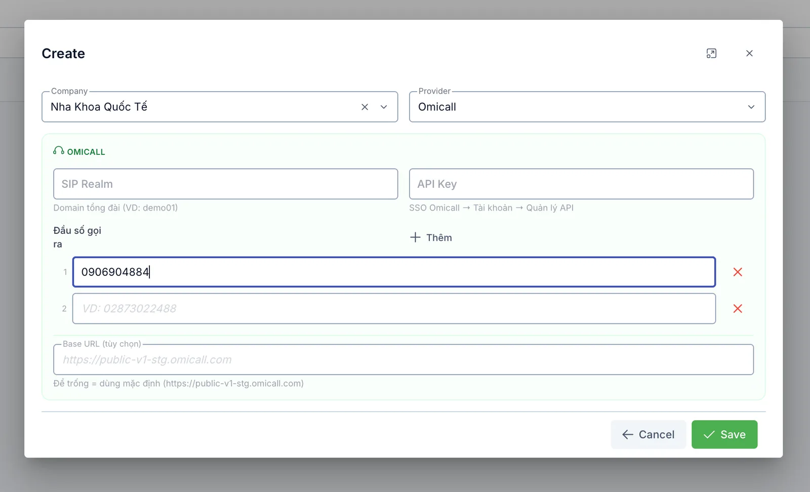 Create Call Center Provider dialog, Omicall configuration