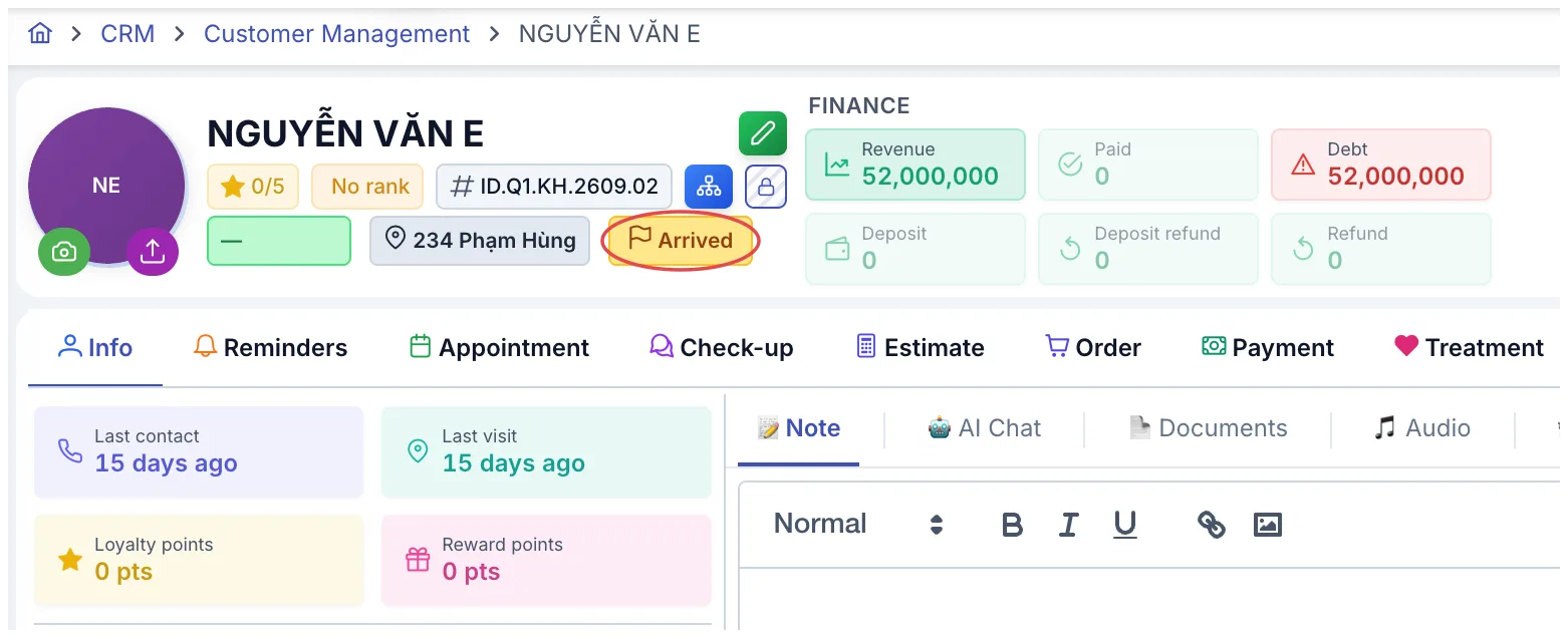 A profile with the Arrived stage and the check-in button circled