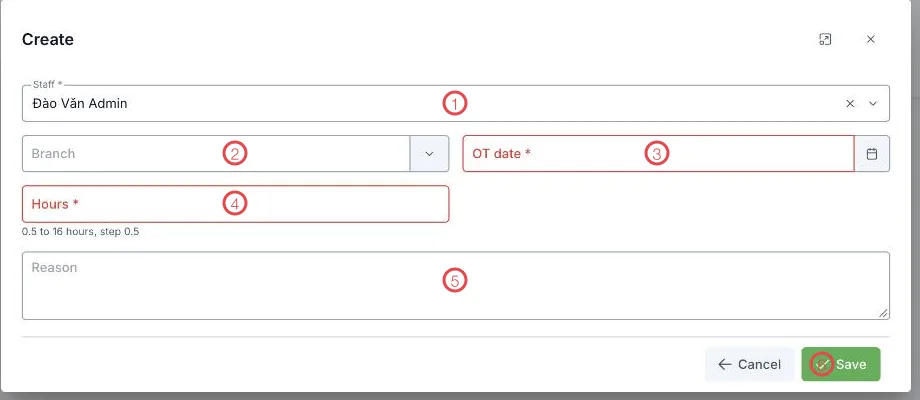 The Create overtime request form with six areas numbered