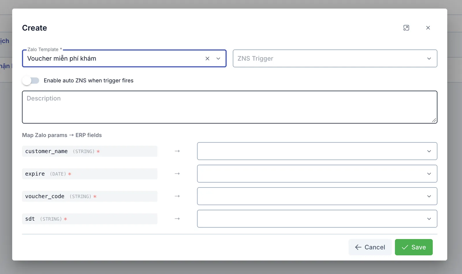 Create ZNS Template dialog with the Zalo Template field, ZNS Trigger field, and the Map Zalo params → ERP fields table
