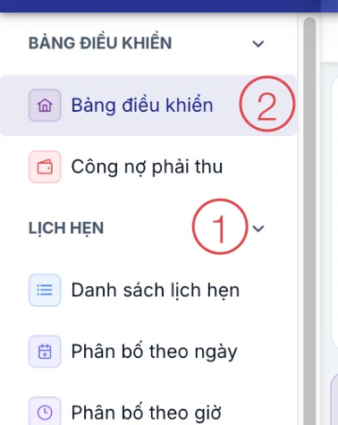 Menu bên trái của CRM, đánh số tên nhóm và màn hình đang mở
