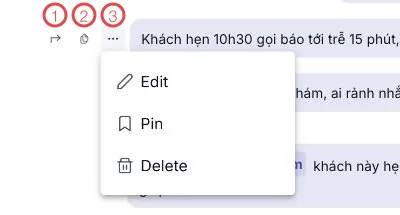 A hovered message with three buttons and the menu open