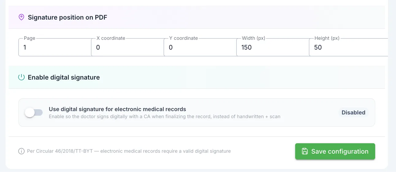 Signature position on PDF and the Enable digital signature switch