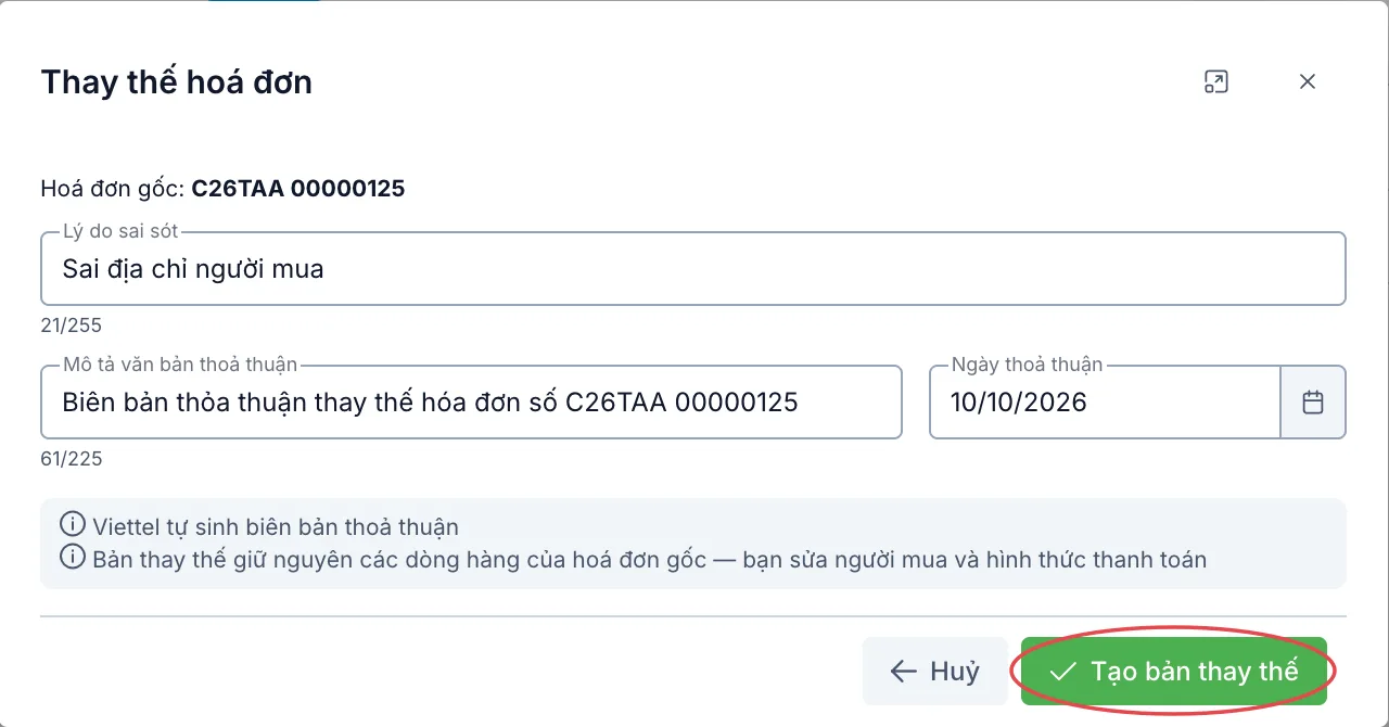 Hộp Thay thế hoá đơn đã điền lý do, nút Tạo bản thay thế được khoanh đỏ