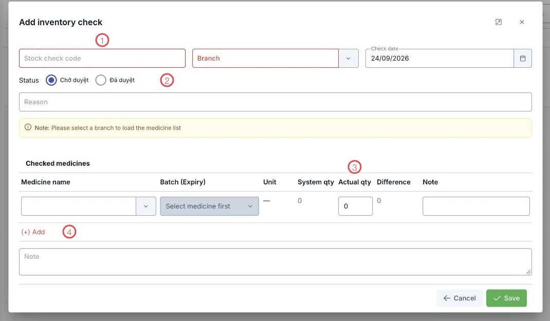 The Add inventory check form with four areas numbered